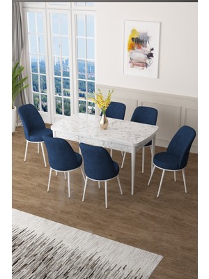 Canisa Concept Canisa Zen Serisi Açılabilir Mdf Beyaz Mermer Desen Mutfak Masa Takımı+6 Adet Sandalye (80 x 132 Cm)
