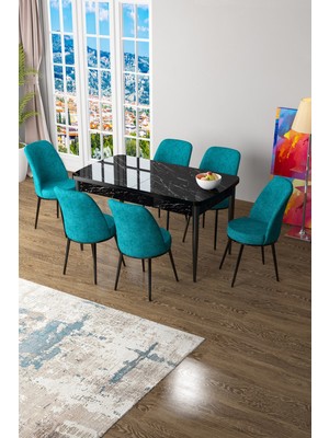 Canisa Concept Canisa Zen Serisi Açılabilir Mdf Siyah Mermer Desen Mutfak Masa Takımı+6 Adet Sandalye (80 x 132 Cm)