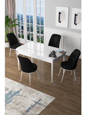 Canisa Concept Canisa Zen Serisi Açılabilir Mdf  Beyaz Mutfak Masa Takımı+4 Adet Sandalye (80 x 132 Cm)