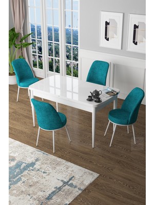 Canisa Concept Canisa Zen Serisi Açılabilir Mdf  Beyaz Mutfak Masa Takımı+4 Adet Sandalye (80 x 132 Cm)