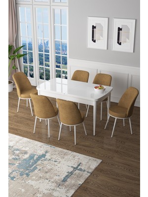 Canisa Concept Canisa Zen Serisi Açılabilir Mdf  Beyaz Mutfak Masa Takımı+6 Adet Sandalye (80 x 132 Cm)