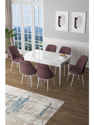 Canisa Concept Canisa Zen Serisi Açılabilir Mdf  Beyaz Mutfak Masa Takımı+6 Adet Sandalye (80 x 132 Cm)