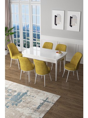 Canisa Concept Canisa Zen Serisi Açılabilir Mdf  Beyaz Mutfak Masa Takımı+6 Adet Sandalye (80 x 132 Cm)