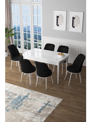 Canisa Concept Canisa Zen Serisi Açılabilir Mdf  Beyaz Mutfak Masa Takımı+6 Adet Sandalye (80 x 132 Cm)
