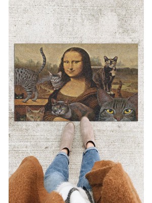 Buket Home Mona Lisa ve Kedileri Kapı Önü Paspası Dekoratif Kapı Paspası Dış Mekân Paspas Ev Içi Paspası 45X70CM