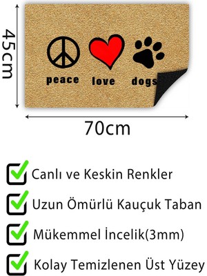 Buket Home Peace Love Dog Kapı Önü Paspası Dekoratif Kapı Paspası Dış Mekân Paspas Ev Içi Paspası 45X70CM