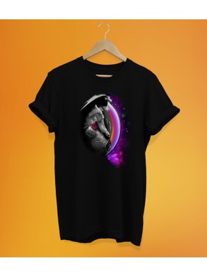 Remonz Astronot Kedi Baskılı %100 Pamuk Oversize T-Shirt Büyük Beden Tişört