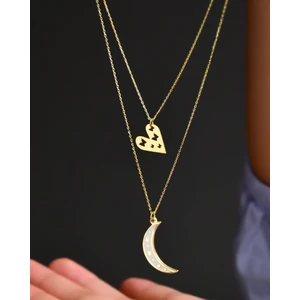 Papatya Silver 925 Ayar Gümüş Altın Kaplama Kalp ve Mineli Ay Asansör Kolye