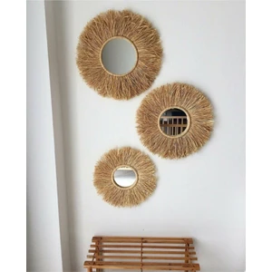 BH Bohem El Yapımı 3'lü Rafya Ayna Seti Oval Ahşap Çerçeve ile Doğal Tasarım