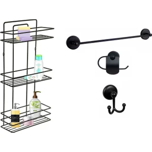 - Banyo Aksesuar 4'lü Set Düz Duş Rafı + Havluluk + Askılık + Tuvalet Kağıtlığı