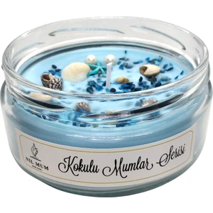 Nil Lavanta Kokulu Deniz Konseptli Soya Mum 300 gr Cam Ambalajda Doğal Taşlarla Süslenmiş