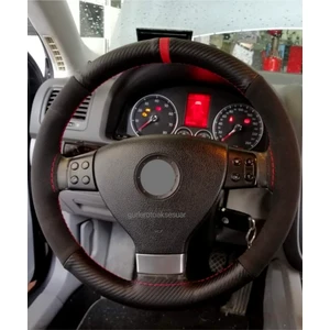 Gürler Oto Aksesuar Vw Golf 6 Dikmeli Deri Direksiyon Kılıfı Alkantra Karbon Kırmızı