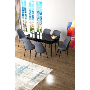 Concept Canisa Zen Serisi Açılabilir Mdf Siyah Mermer Desen Mutfak Masa Takımı+6 Adet Sandalye (80 x 132 Cm)