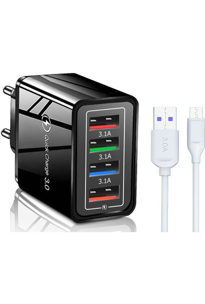Zuidid Hızlı Şarj Qc 3.0 4 USB Portlu 3.1A - 48W Çoklu Şarj Cihazı + 3 A Hızlı Şarj Kablosu - Micro USB