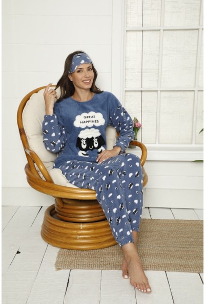 Boyraz Kadın Kışlık Welsoft Göz Bantlı Pijama Takımı Mavi 14110-