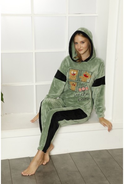 Boyraz Kadın Kışlık Welsoft Göz Bantlı Pijama Takımı Yeşil 14186-