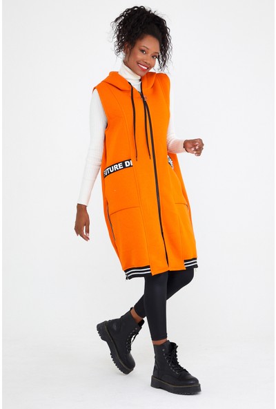 Pua Fashion Orange Kapşonlu Uzun Yan Fermuar Yelek