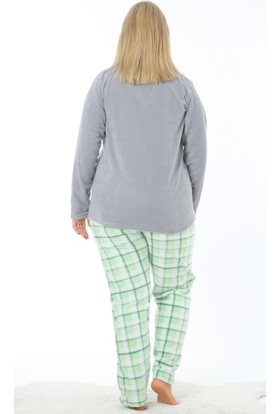 Ladies First Büyük Beden 8108 Gri Pijama Takım Desenli Likralı Polar Kumaştan Uzun Kollu