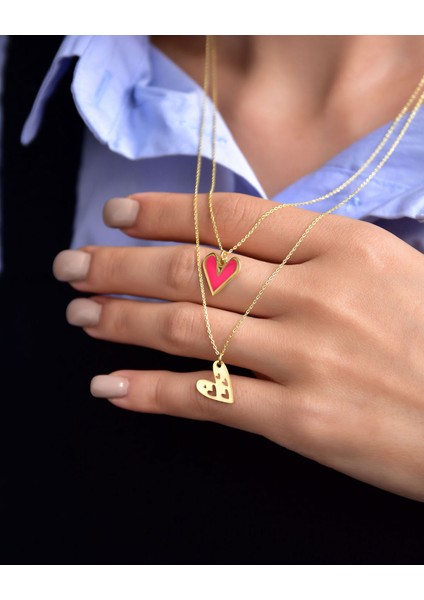 925 Ayar Gümüş Mineli Pembe Kalp ve Kesim Kalp Asansör Kolye