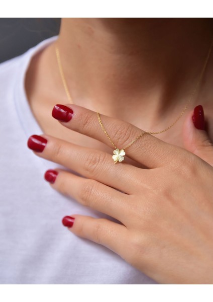 925 Ayar Gümüş Altın Kaplama Kristal Kesim Yonca Kolye