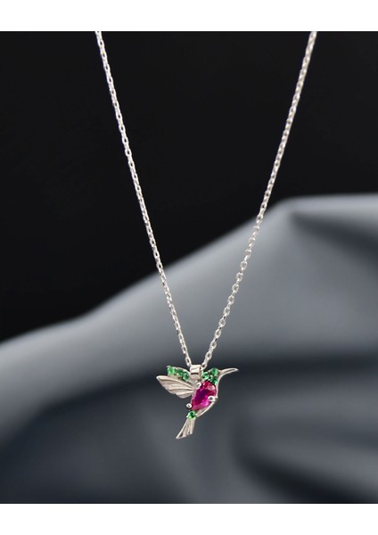 925 Ayar Gümüş Rodyum Kaplama Taşlı Kuş Kolye