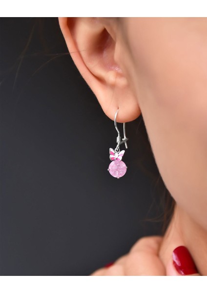 925 Ayar Gümüş Pembe Tektaş Mineli Kelebek Küpe