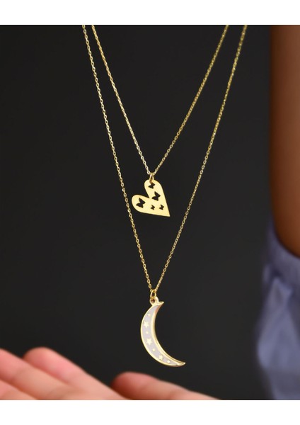 925 Ayar Gümüş Altın Kaplama Kalp ve Mineli Ay Asansör Kolye
