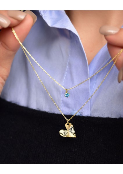 925 Ayar Gümüş Mavi Tektaş Kristal Kalp Asansör Kolye