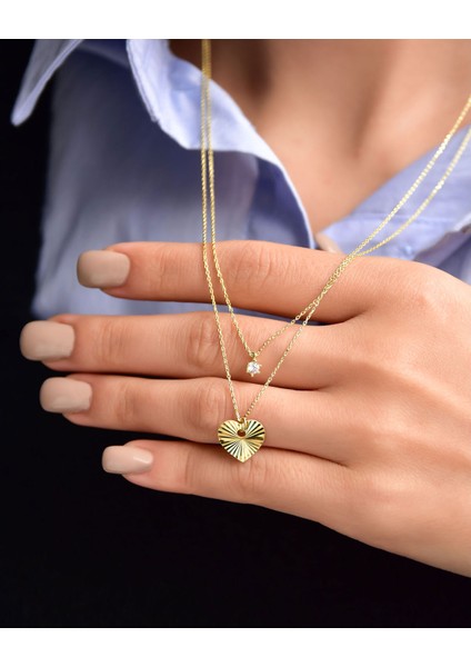 925 Ayar Gümüş Altın Kaplama Tektaş ve Kristal Kalp Asansör Kolye