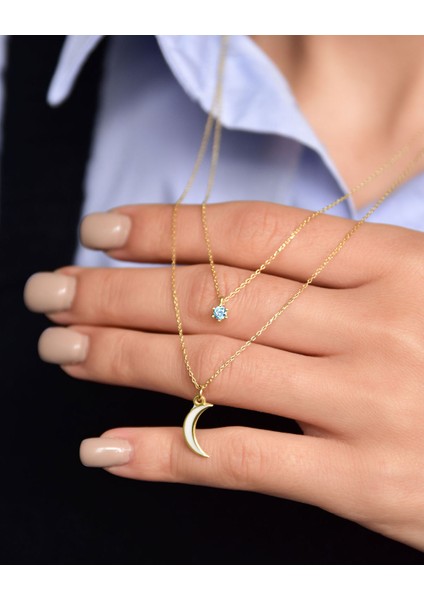 925 Ayar Gümüş Altın Kaplama Tektaş Beyaz Ay Asansör Kolye