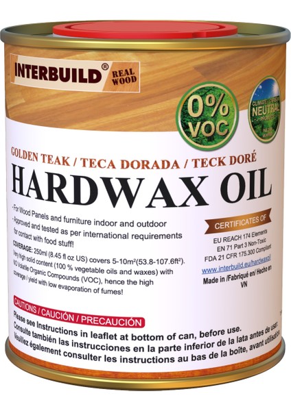 Interbuild Hardwax Oil (0%) Voc 250 ml Mobilya ve Ahşap Tezgah Yağı, Altın Tik