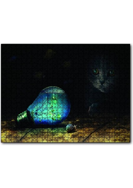 Ampul Balıklar Kedi Mavi Salyangoz 120 Parça Puzzle Yapboz Mdf (Ahşap)