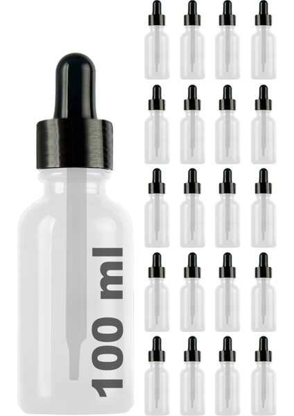 100 cc Şeffaf Damlalık Metal Siyah Sızdırmaz Kapaklı 100 ml Dropper Cam Serum Şişesi 20 Adet