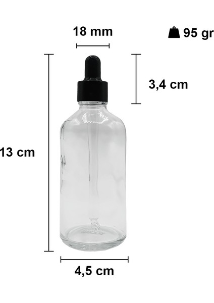 100 cc Şeffaf Damlalık Metal Siyah Sızdırmaz Kapaklı 100 ml Dropper Cam Serum Şişesi 20 Adet