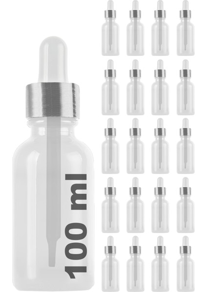 100 cc Şeffaf Damlalık Metal Gümüş Sızdırmaz Kapaklı 100 ml Dropper Cam Serum Şişesi 20 Adet