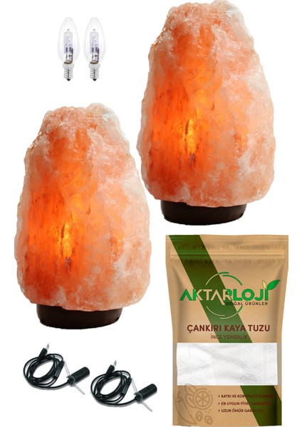 2 Adet 1-2 kg Doğal Pembe Himalaya Tuzu Lambası + 1.50 Metre Kablo + Ampül