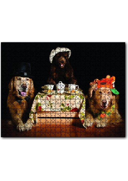 Şapkalı Köpek Ayı Masada 120 Parça Puzzle Yapboz Mdf (Ahşap)
