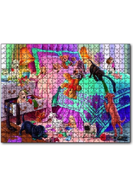 Yatak Odasında Sevimli Yavru Köpekler 120 Parça Puzzle Yapboz Mdf (Ahşap)
