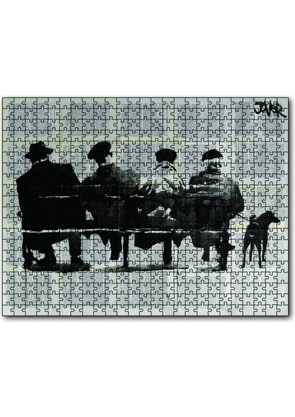 Cakapuzzle Gazete Küpürü Üstünde Bankta 4 Adam ve Köpek 255 Parça Puzzle Yapboz Mdf (Ahşap)