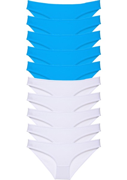 10 Adet Süper Eko Set Likralı Kadın Slip Beyaz Mavi