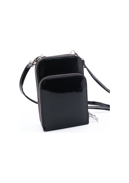 Kadın Cüzdan Tasarımlı Postacı Çantası Siyah Rugan