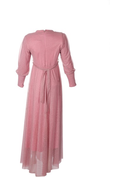 Omzu Güpürlü Kuşaklı Toz Pembe Simli Abiye Elbise