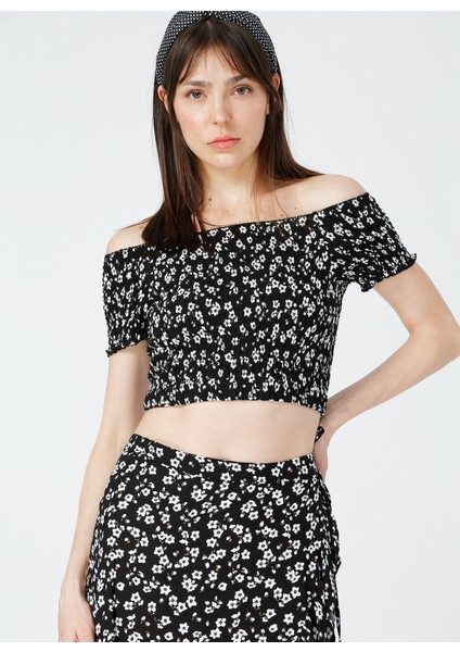Çiçek Desenli Kadın Siyah Bluz