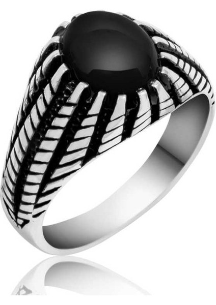 Gümüş Siyah Taşlı Erkek Yüzük