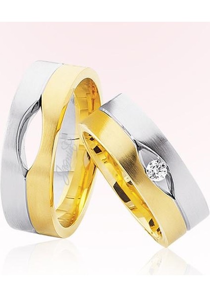 Ortası Taşlı Sarı Beyaz Altın Alyans 2403