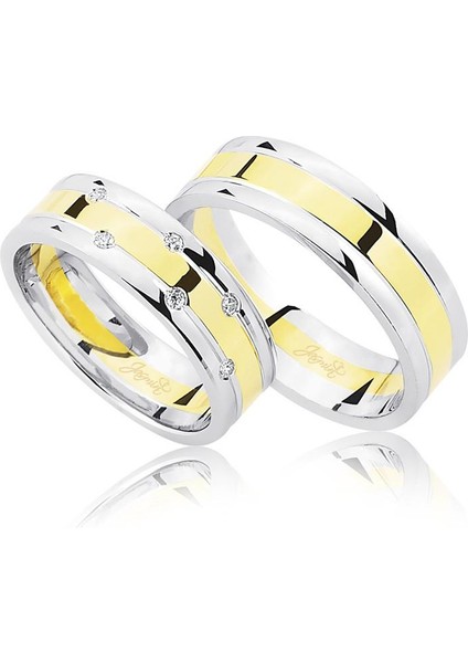 Beyaz Sarı Şeritli Taşlı Altın Alyans 2701-3