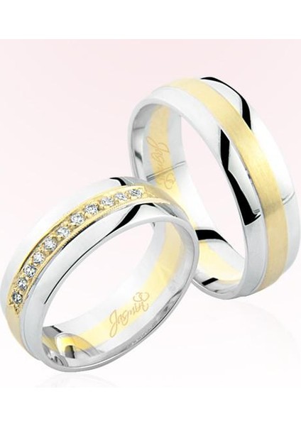 Beyaz Sarı Şeritli Taşlı Altın Alyans 4407