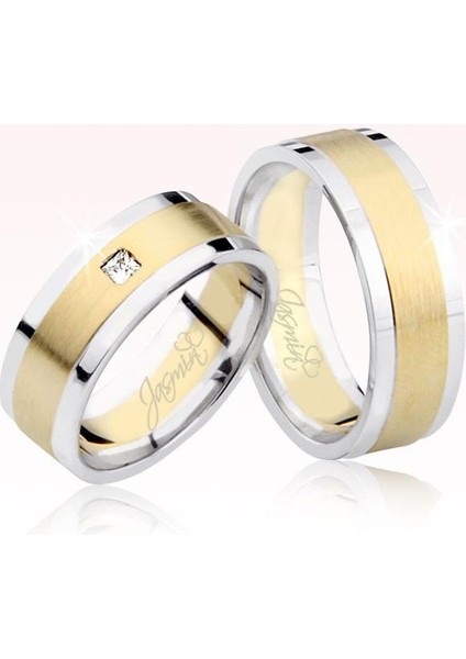 Beyaz Sarı Şeritli Taşlı Altın Alyans 3201-1