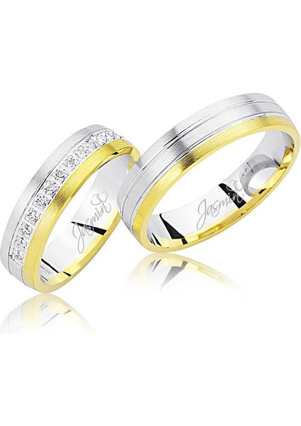 Beyaz Sarı Ortası Taşlı Altın Alyans 1502