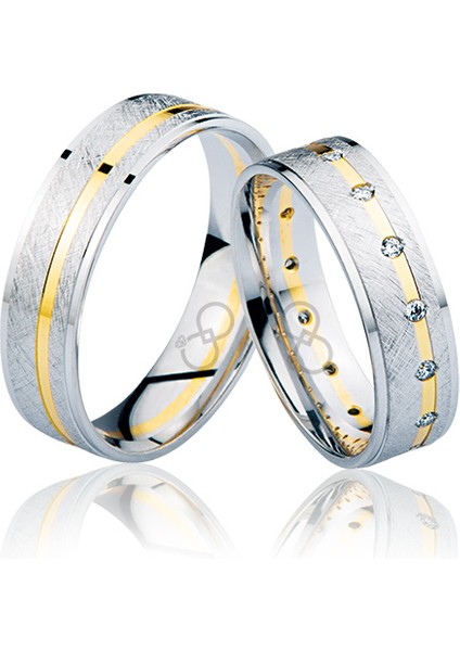 Beyaz Sarı Şeritli Taşlı Altın Alyans 2904-1